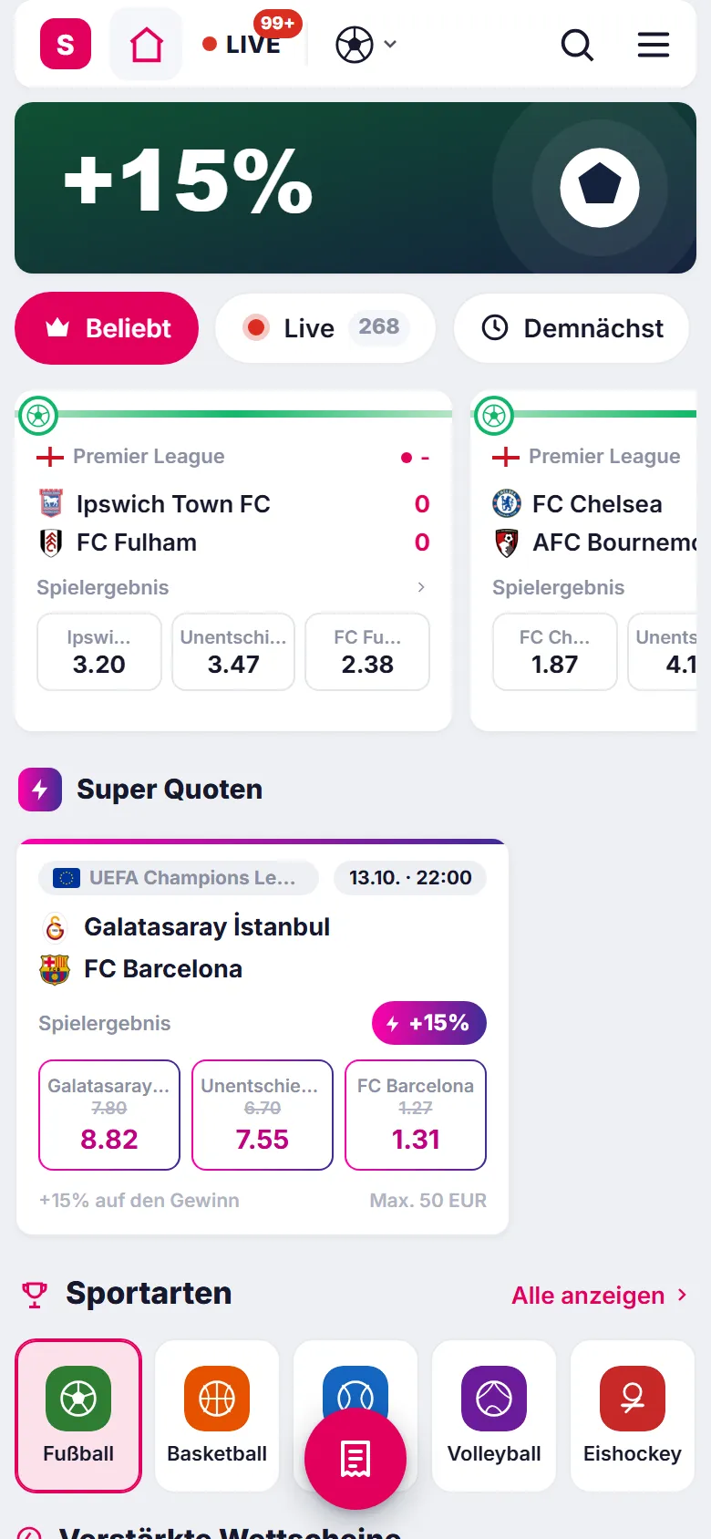 SporbetSoft-Spielerseite auf dem Smartphone mit Spielen und Quoten