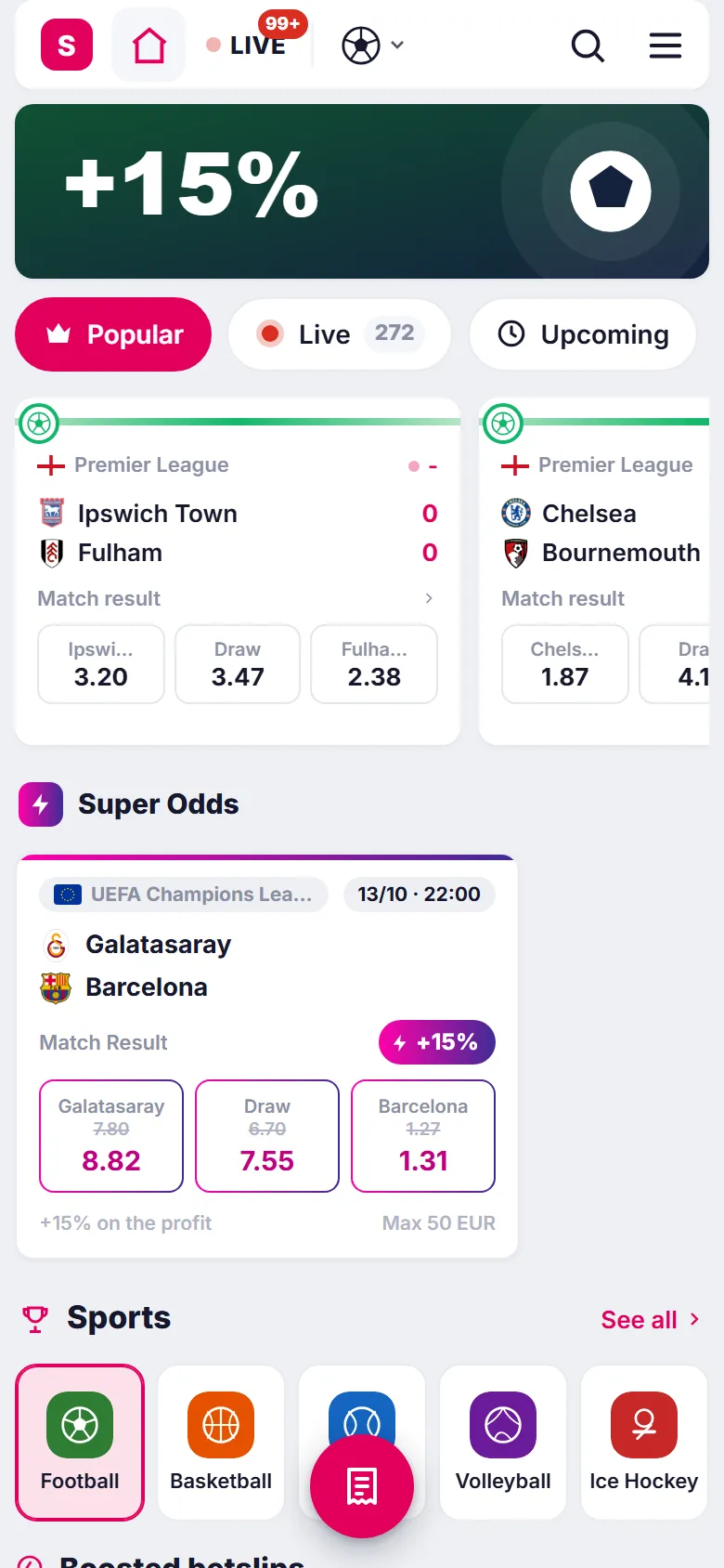 SporbetSoft player site on a phone: home screen with matches and odds