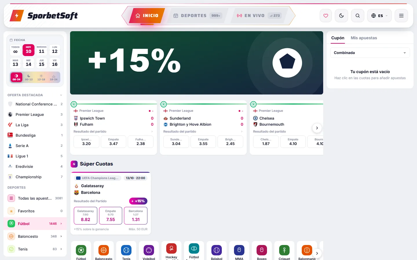 Sitio del jugador de SporbetSoft en escritorio con partidos de fútbol, cuotas y boleto