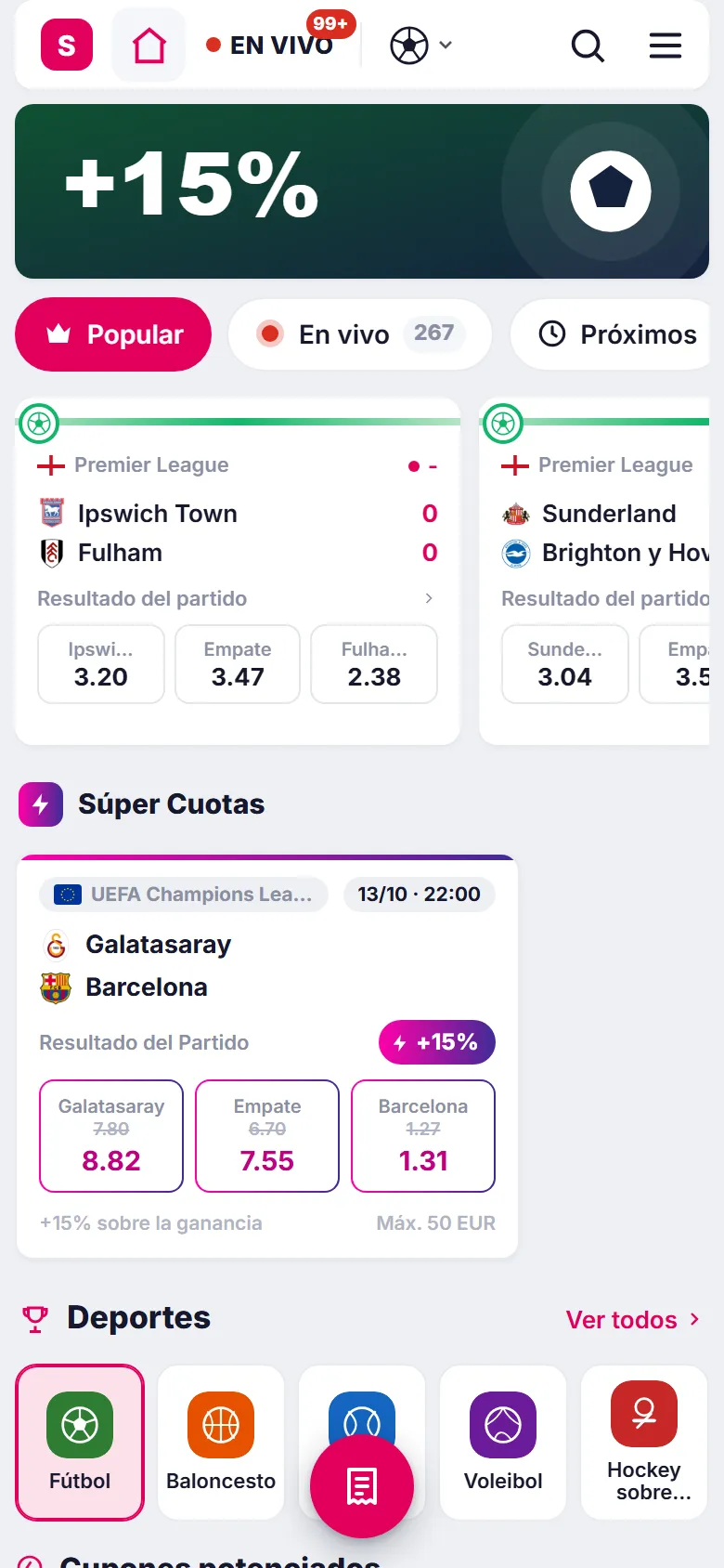 Sitio del jugador de SporbetSoft en el móvil: inicio con partidos y cuotas