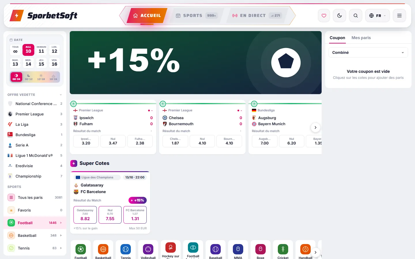 Site joueur SporbetSoft sur ordinateur avec matchs de football, cotes et coupon