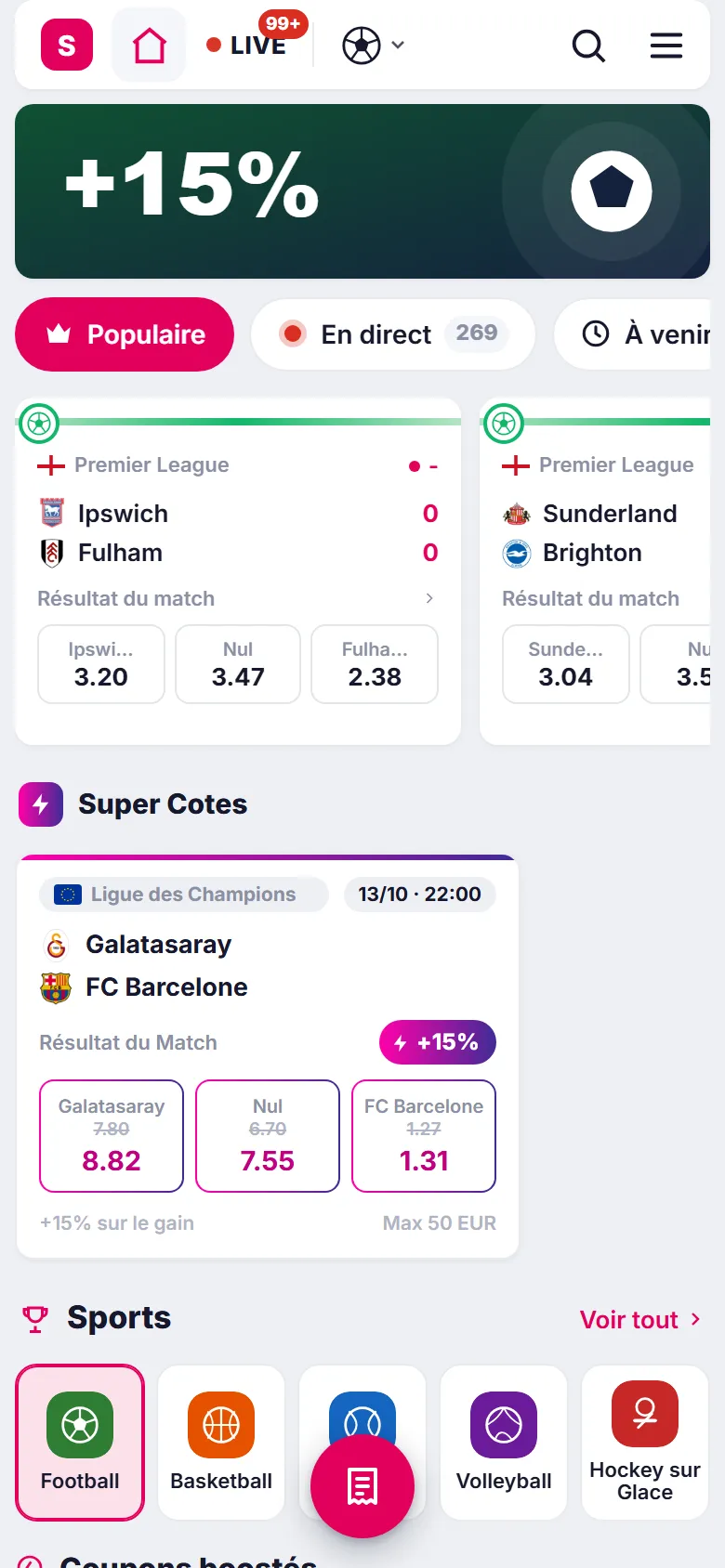Site joueur SporbetSoft sur mobile : accueil avec matchs et cotes