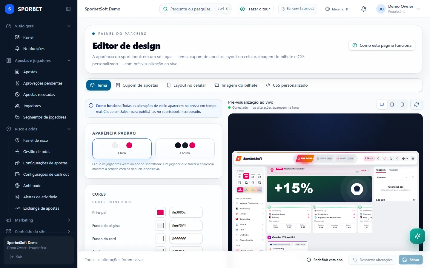 Editor de design do painel do parceiro com cores do tema e prévia ao vivo