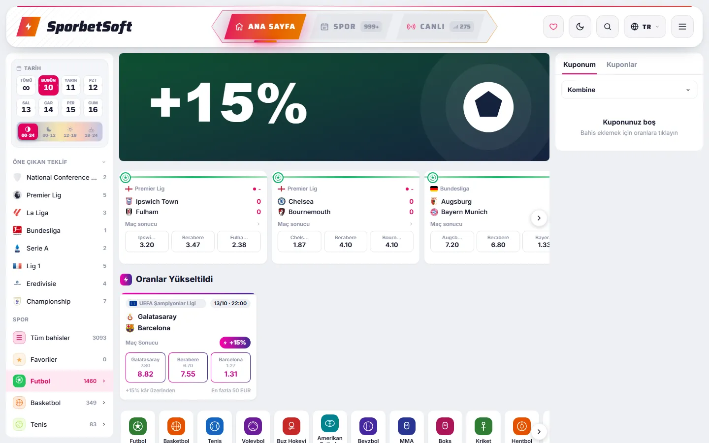 Masaüstünde SporbetSoft oyuncu sitesi: oranlarıyla futbol maçları ve kupon