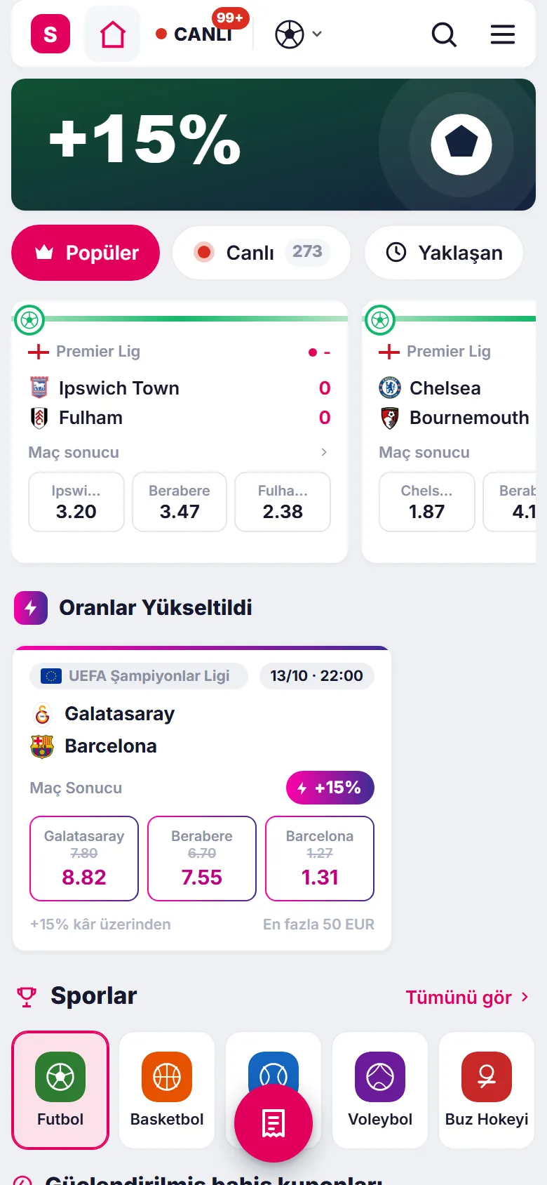 Telefonda SporbetSoft oyuncu sitesi ana sayfası: maçlar ve oranlar